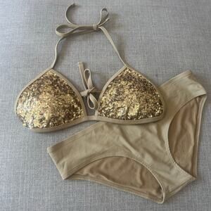 Aerie Gold Sequin Triangle Bikini Set Size Womens L